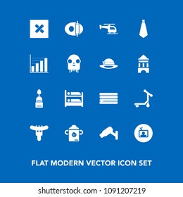 Modern, simple vector icon set on blue background with technology, tie, burger, television, hostel, sign, diagram, fashion, cheeseburger, surveillance, helicopter, closed, ufo, screen, pan, meat icons