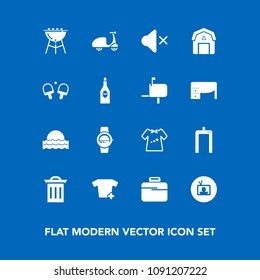 Modern, simple vector icon set on blue background with wood, screen, recycle, baby, smart, sun, volume, fashion, gadget, kid, tv, time, cycle, trash, bbq, cooking, sunset, bag, box, scan, child icons