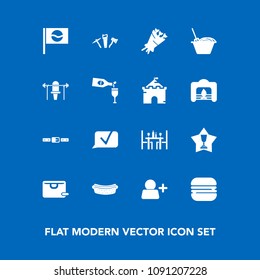 Modern, simple vector icon set on blue background with glass, wine, cheeseburger, weight, place, dinner, red, achievement, beautiful, hotdog, snack, sign, award, restaurant, add, sport, bouquet icons