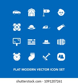 Modern, simple vector icon set on blue background with street, natural, team, move, garden, social, west, hour, socks, farming, accordion, money, table, rake, highway, direction, watch, banner icons