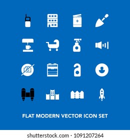 Modern, simple vector icon set on blue background with chemical, fence, photo, rocket, phone, communication, equipment, motel, kitchen, old, privacy, carriage, medical, architecture, space, bed icons