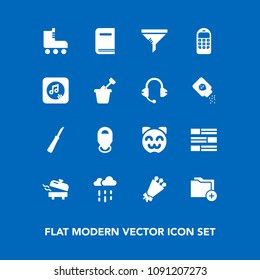 Modern, simple vector icon set on blue background with floral, clean, map, old, service, home, boiler, newspaper, heater, wet, bouquet, book, sign, kitty, sport, skate, beautiful, folder, knife icons