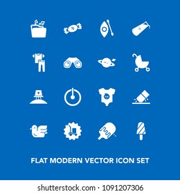 Modern, simple vector icon set on blue background with clothes, nature, clothing, switch, animal, space, activity, warehouse, river, food, fashion, rubber, power, science, off, cream, summer icons