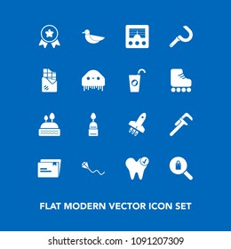 Modern, simple vector icon set on blue background with sign, summer, tool, rocket, clothing, nature, place, clothes, health, sickle, dental, wildlife, service, document, cake, wireless, doughnut icons