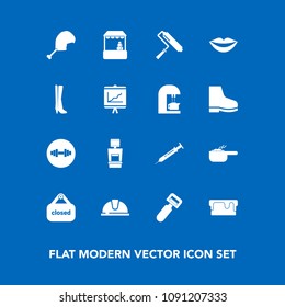 Modern, simple vector icon set on blue background with pot, meal, food, gym, needle, business, safety, lips, kitchen, teeth, shop, scan, pie, peeler, supermarket, tool, sign, work, equipment icons