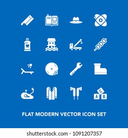 Modern, simple vector icon set on blue background with abc, coat, book, bike, equipment, cowboy, brush, audio, universe, alphabet, album, sound, spanner, meat, style, fashion, sheriff, summer icons