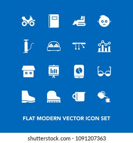 Modern, simple vector icon set on blue background with sign, fashion, musical, house, liquid, transparent, book, equipment, chart, child, business, eye, extreme, cute, annual, sad, pump, dirt icons