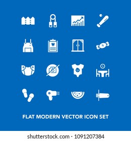 Modern, simple vector icon set on blue background with food, home, apron, no, uniform, business, infant, camera, chef, sport, presentation, kid, ball, concept, slipper, clothes, photo, care icons