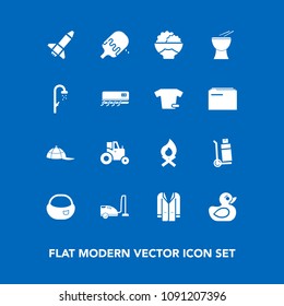 Modern, simple vector icon set on blue background with shipping, coat, delivery, truck, campfire, transportation, domestic, clothing, child, housework, agriculture, rocket, outfit, duck, object icons