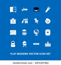 Modern, simple vector icon set on blue background with game, medicine, health, globe, poker, meat, bag, document, play, van, elevator, data, cabinet, planet, home, architecture, government, sign icons