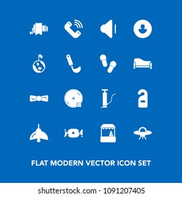 Modern, simple vector icon set on blue background with store, disc, candy, volume, profile, fashion, spaceship, lollipop, motel, bulb, tie, music, up, audio, call, hotel, supermarket, light, cd icons
