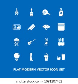 Modern, simple vector icon set on blue background with musical, identity, construction, builder, idea, bottle, dinner, guitar, party, coffee, dessert, fashion, child, cake, hot, housework, cafe icons