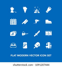 Modern, simple vector icon set on blue background with bed, bedroom, double, tent, sweet, knife, white, floral, travel, exercise, fork, camp, fitness, restaurant, pepper, health, food, spice icons
