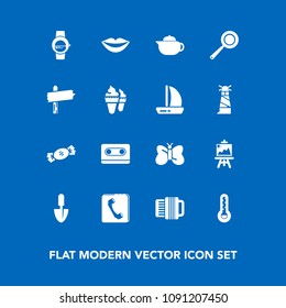 Modern, simple vector icon set on blue background with sign, teeth, teapot, beauty, artist, drawing, candy, shovel, tool, kitchen, sweet, direction, breakfast, cassette, audio, lips, girl, time icons
