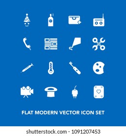 Modern, simple vector icon set on blue background with birthday, sign, energy, paint, bag, hat, food, spray, cable, add, play, radio, sound, communication, technology, clean, phone, news, care icons