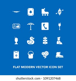 Modern, simple vector icon set on blue background with play, food, floral, drink, travel, necklace, flower, rubber, glass, skating, duck, interior, web, painter, bar, skate, paint, nature, poker icons