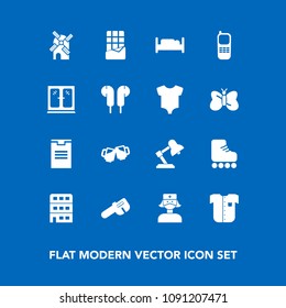 Modern, simple vector icon set on blue background with phone, medical, drink, pub, stationary, lamp, table, sweet, package, furniture, shirt, architecture, beer, bar, new, house, chocolate, city icons