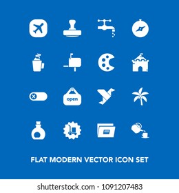 Modern, Simple Vector Icon Set On Blue Background With Business, Tropical, Store, Drink, Airplane, Cup, Healthy, Sign, Map, Delivery, Bathroom, Food, Origami, Stamp, North, Water, Summer, Paper Icons