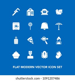 Modern, simple vector icon set on blue background with business, travel, house, fiction, doughnut, fashion, building, baggage, love, medical, repair, groom, research, wedding, science, warm, ufo icons