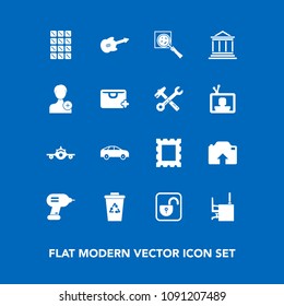 Modern, simple vector icon set on blue background with lock, office, find, chocolate, bank, direction, picture, open, travel, highway, recycle, border, music, guitar, photo, sweet, drill, bar icons