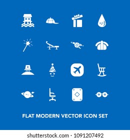 Modern, simple vector icon set on blue background with interior, magic, celebration, present, play, astronaut, science, fashion, sunglasses, exploration, box, comfortable, clown, fun, wand, game icons