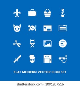 Modern, simple vector icon set on blue background with menu, room, hipster, mask, modern, travel, picture, cutlery, seat, water, lift, sea, snorkel, app, alien, button, plant, ufo, photo, summer icons