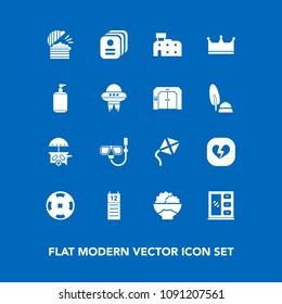 Modern, simple vector icon set on blue background with king, ice, card, food, money, summer, furniture, poker, crown, rice, business, cabinet, agenda, grain, heart, soap, reminder, broken, cream icons