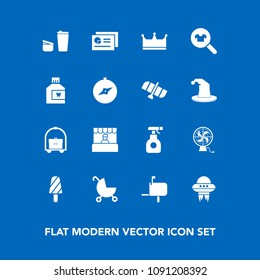 Modern, simple vector icon set on blue background with drink, message, ufo, box, sugar, child, stroller, technology, king, baby, chart, dessert, spacecraft, market, travel, grocery, pesticide icons