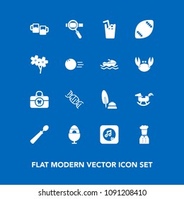 Modern, simple vector icon set on blue background with ink, spring, clean, spoon, decoration, research, technology, baby, dna, easter, horse, black, bar, ball, brush, sound, duck, hygiene, toy icons