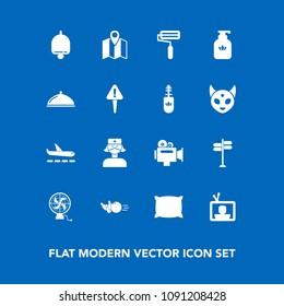 Modern, simple vector icon set on blue background with hygiene, bottle, location, air, roller, nurse, roll, fan, screen, pin, clean, ball, travel, street, fun, health, map, alarm, medical, tv icons