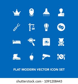 Modern, simple vector icon set on blue background with energy, king, sign, location, surveillance, footwear, hotel, map, fork, fluffy, crown, cable, queen, restaurant, style, cooking, technology icons