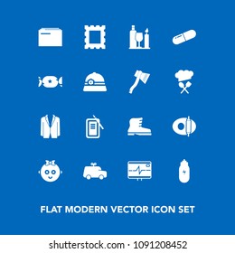 Modern, simple vector icon set on blue background with inkstone, wine, suit, fashion, toy, kid, medicine, leather, alcohol, file, border, glass, kitchen, photo, child, pan, play, japan, cute icons