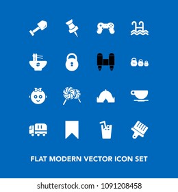 Modern, simple vector icon set on blue background with cargo, play, tent, paint, transport, travel, brush, joystick, lollipop, chinese, bookmark, drink, white, sweet, truck, map, pool, meal, car icons