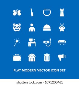 Modern, simple vector icon set on blue background with conditioning, fashion, dental, wand, table, loudspeaker, desk, white, conditioner, smart, natural, summer, object, office, trash, style icons