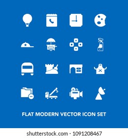 Modern, simple vector icon set on blue background with cake, time, vehicle, parachuting, internet, tow, file, parachute, book, sweet, video, folder, signal, accident, desk, transportation, chief icons