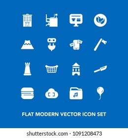 Modern, simple vector icon set on blue background with landscape, table, music, coffee, work, food, store, file, cutlery, burger, house, game, estate, cheeseburger, cart, snack, market, dinner icons