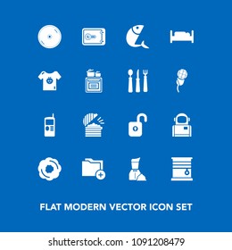 Modern, simple vector icon set on blue background with curtain, folder, food, science, cake, disc, sweet, finance, space, cd, bedroom, furniture, doughnut, dvd, white, money, chef, cell, double icons