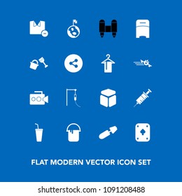 Modern, simple vector icon set on blue background with mascara, man, dentist, bed, medical, drill, shirt, color, interior, clothes, equipment, rocket, spaceship, video, furniture, fashion, male icons