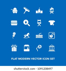 Modern, simple vector icon set on blue background with artist, shop, lock, drawing, kite, keyboard, money, supermarket, bedroom, grocery, open, mic, tower, room, business, banking, unlock, store icons