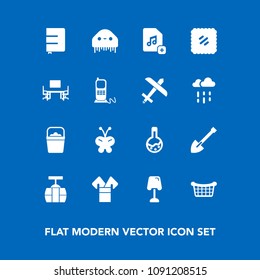 Modern, simple vector icon set on blue background with train, transportation, lamp, beauty, handle, notebook, sky, book, asia, monster, music, object, paper, insect, add, butterfly, market, page icons