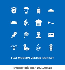 Modern, simple vector icon set on blue background with exploration, dentist, hot, food, dentistry, security, communication, celebration, travel, traffic, check, astronaut, chat, dental, sweet icons
