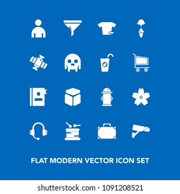 Modern, simple vector icon set on blue background with object, book, microphone, drum, conditioner, boy, flower, telephone, style, cherry, camera, sakura, square, machine, speaker, fashion, male icons