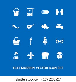 Modern, simple vector icon set on blue background with chief, doughnut, dessert, bride, sunglasses, sweet, drink, travel, old, airplane, well, water, object, hippie, monster, stone, food, paint icons