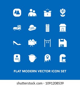Modern, simple vector icon set on blue background with computer, exercise, shoe, equipment, flower, alien, drink, female, social, fiction, teapot, people, screen, group, nature, floral, pack icons