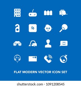 Modern, simple vector icon set on blue background with vacuum, letter, game, airplane, binocular, housework, train, chat, modern, sign, profile, user, technology, home, equipment, architecture icons