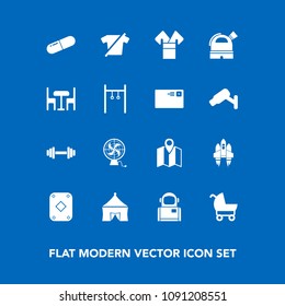 Modern, simple vector icon set on blue background with travel, chair, fan, carriage, furniture, craft, circus, location, shirt, air, stroller, space, kimono, cosmonaut, sport, medicine, pill icons
