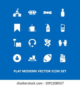 Modern, simple vector icon set on blue background with food, sea, equipment, flower, headphone, chair, stadium, business, bed, bow, sound, audio, blossom, ball, floral, water, american, table icons