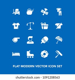 Modern, simple vector icon set on blue background with kitchen, skating, hotel, tool, parasol, umbrella, referee, man, skate, clothing, fun, whistle, food, leisure, paint, rain, weather, fashion icons