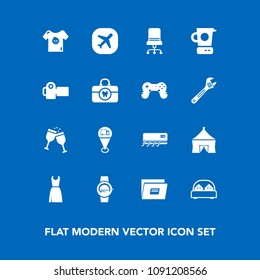 Modern, simple vector icon set on blue background with drink, clothes, dress, photography, travel, mixer, bed, furniture, cooking, glass, interior, double, kitchen, alcohol, plane, watch, chair icons