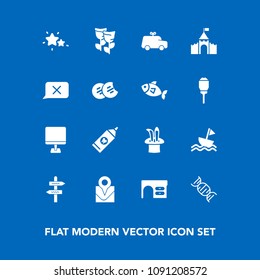 Modern, simple vector icon set on blue background with night, spring, arrow, brush, sailboat, food, child, laptop, floral, location, map, building, dna, castle, direction, work, astronomy, star icons